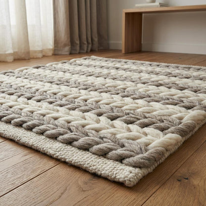 Handwoven chunky wool braided rug in neutral tones for farmhouse and minimalist decor