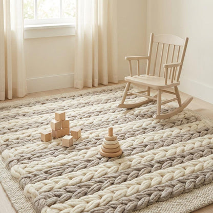 Handwoven chunky wool braided rug in neutral tones for farmhouse and minimalist decor