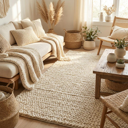 Handwoven chunky wool rug with thick braided texture in neutral tones for Scandinavian décor