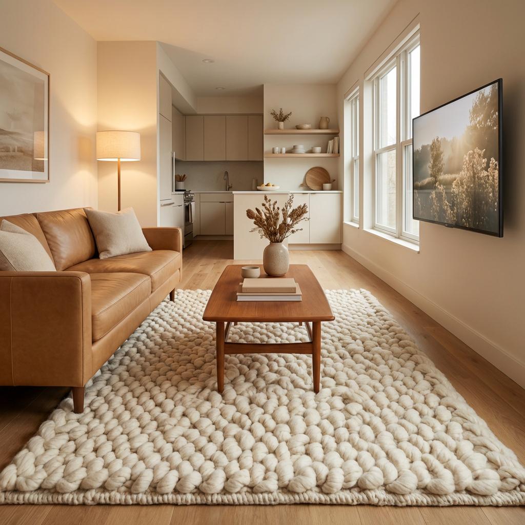 Handwoven chunky wool rug with thick braided texture in neutral tones for Scandinavian décor