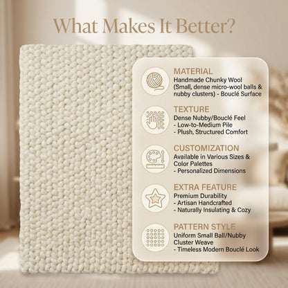 Handwoven chunky wool rug in cream with thick knit texture for cozy Scandinavian home decor