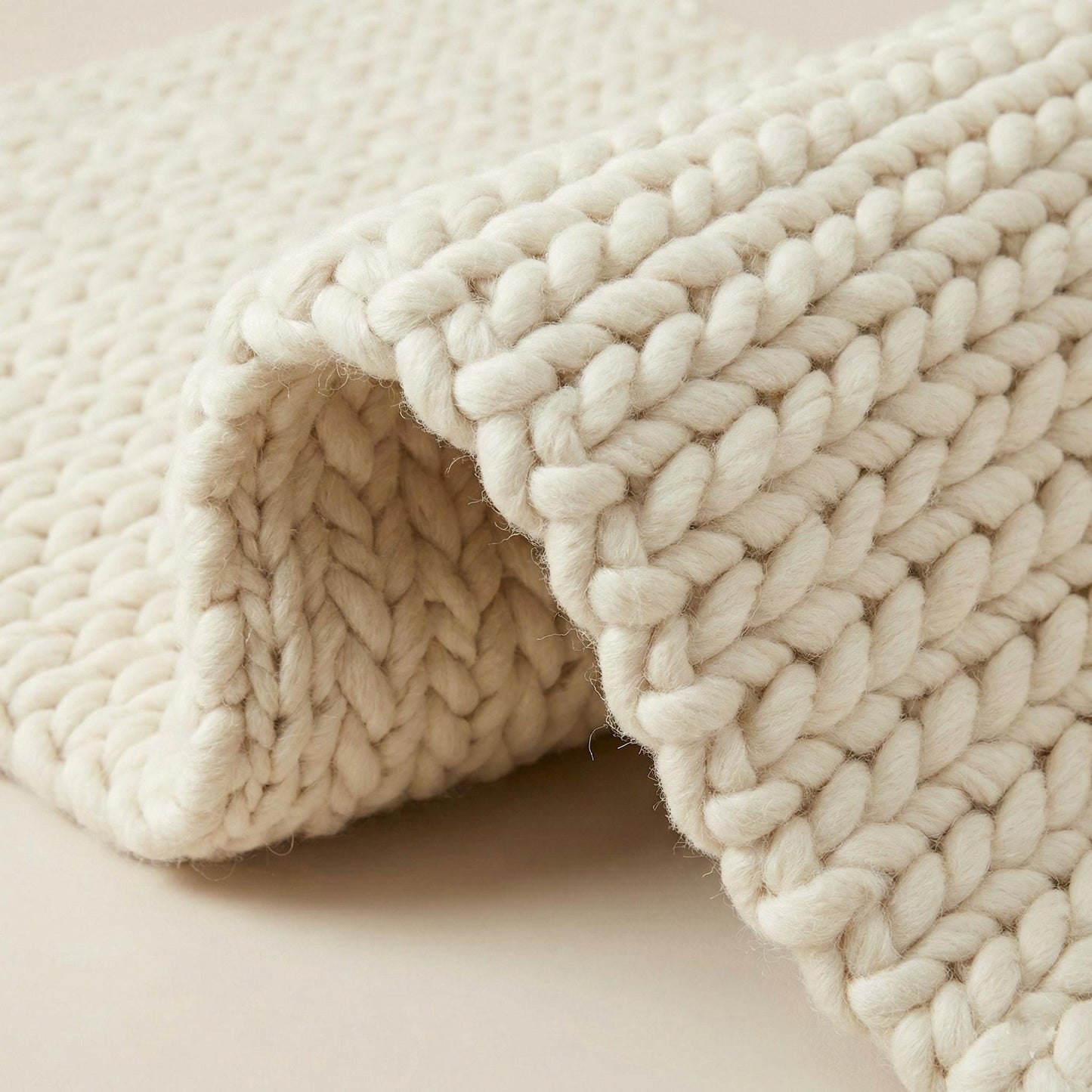 Handwoven chunky wool rug in cream with thick knit texture for cozy Scandinavian decor