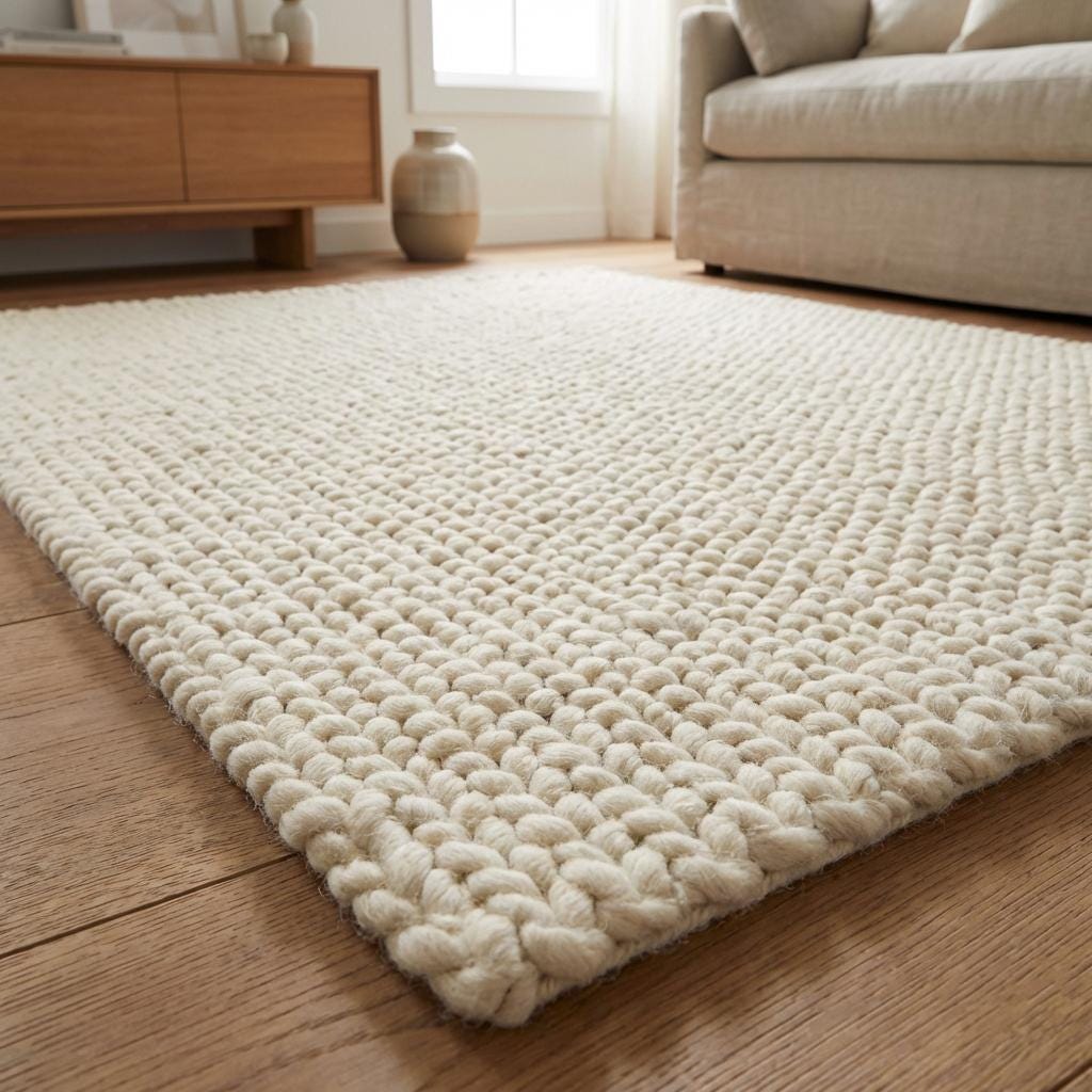 Handwoven chunky wool rug in cream with thick knit texture for cozy Scandinavian decor