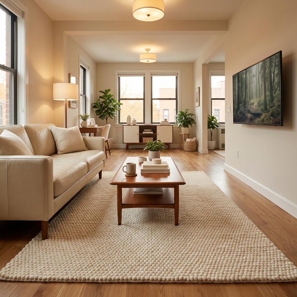 Handwoven chunky wool rug in cream with thick knit texture for cozy Scandinavian decor