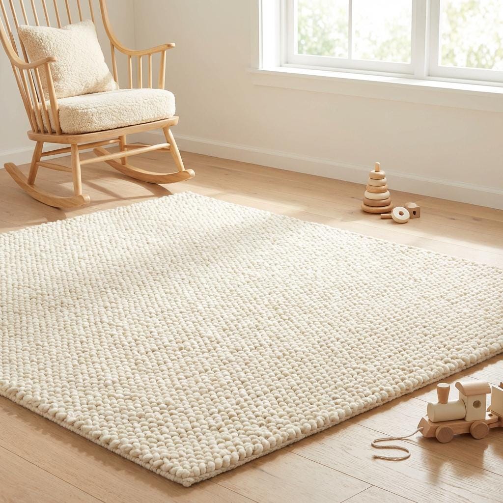 Handwoven chunky wool rug in cream with thick knit texture for cozy Scandinavian decor
