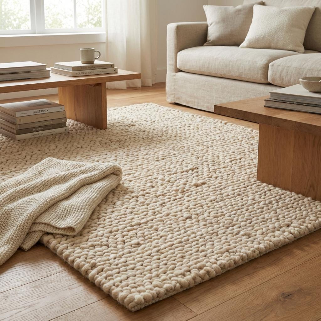Handwoven Chunky Wool Rug, Cream Neutral Scandinavian Style