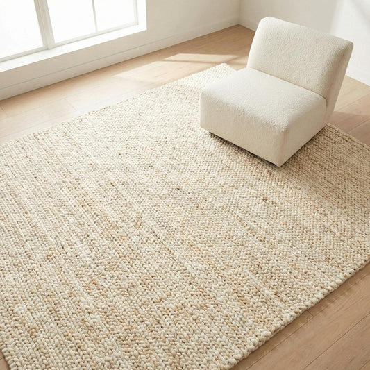 Handwoven chunky wool rug in cream with thick texture for Scandinavian and modern interiors