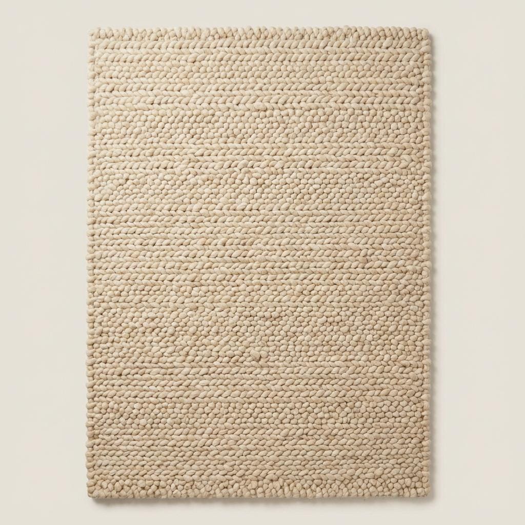 Handwoven chunky wool rug in beige and ivory tones, modern organic rug with textured surface