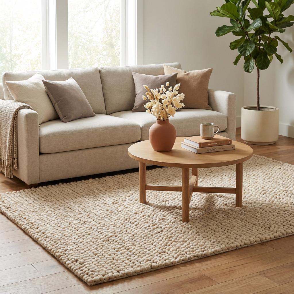 Thick wool rug with plush texture, minimalist neutral rug perfect for cozy living room interiors