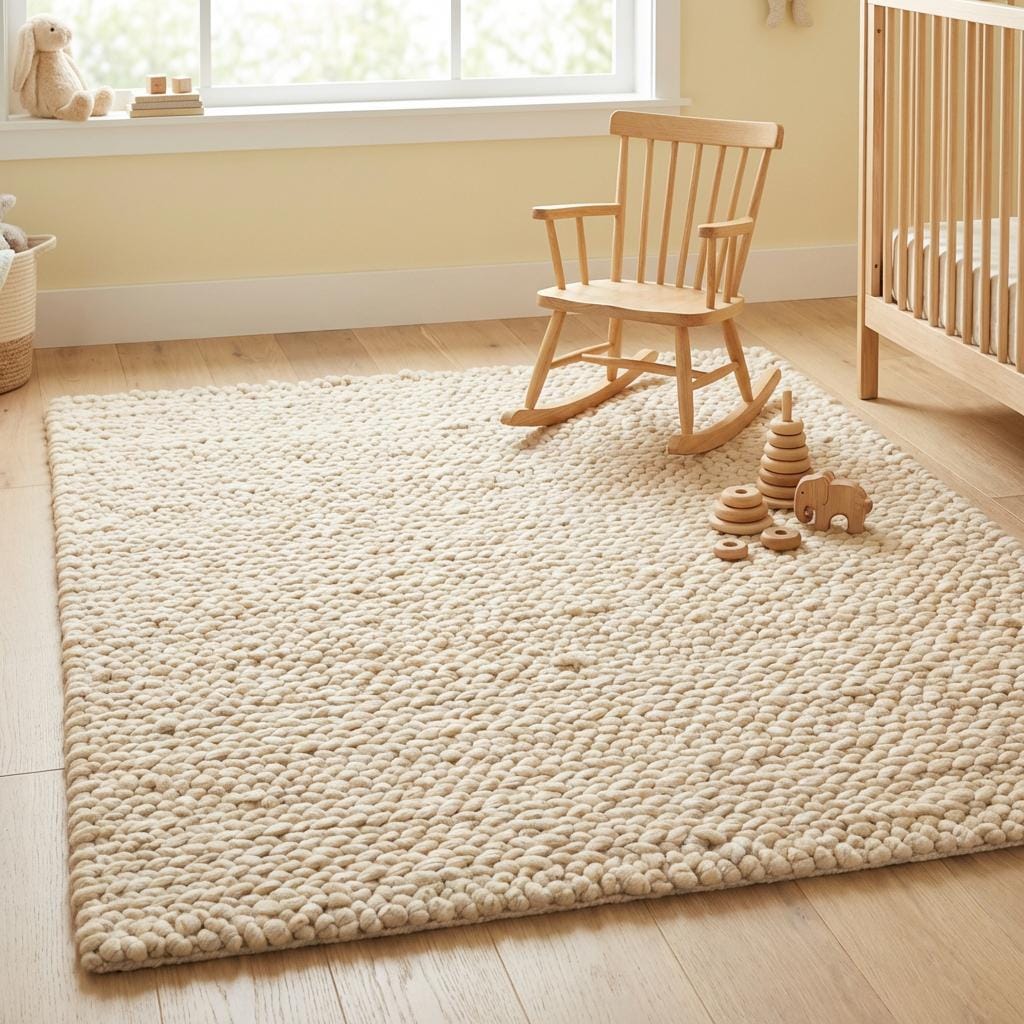 Scandinavian style chunky wool rug, cream wool floor rug with soft natural fibers
