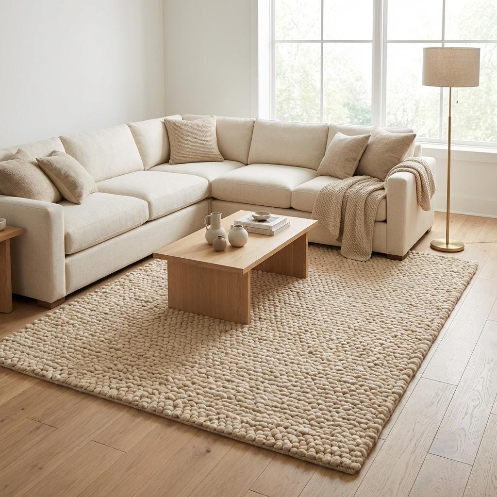 Handwoven Chunky Wool Rug, Cream Neutral Scandinavian Style