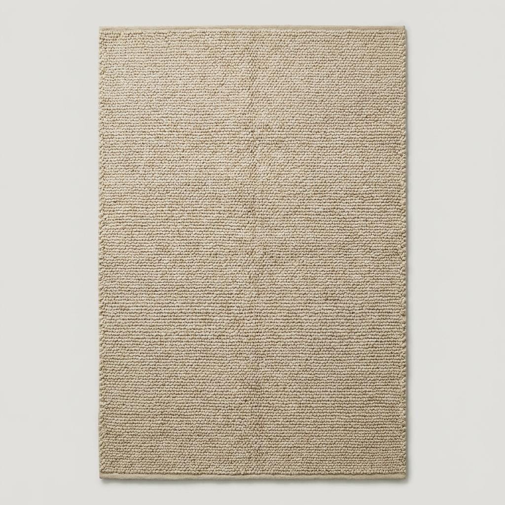 Handwoven chunky wool rug with thick loop texture in neutral beige for cozy farmhouse decor