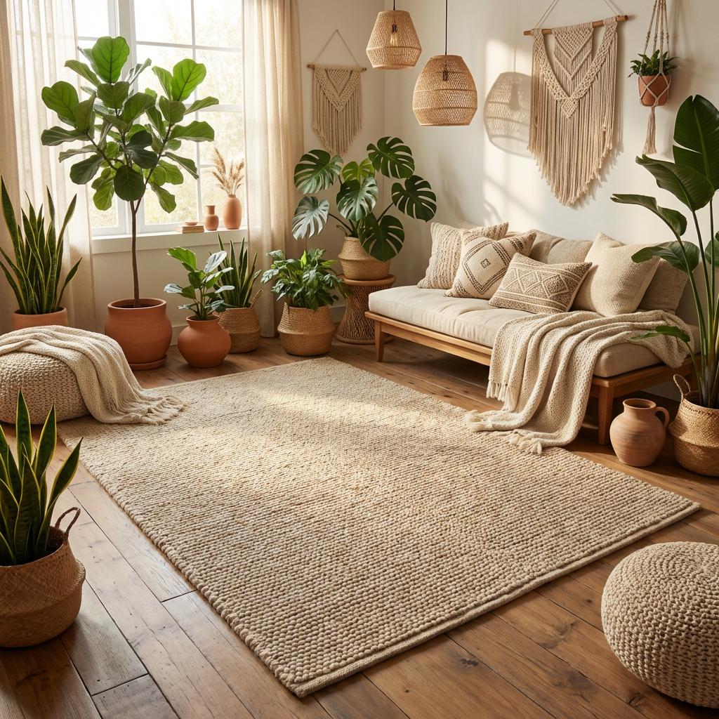 Handwoven chunky wool rug with thick loop texture in neutral beige farmhouse style