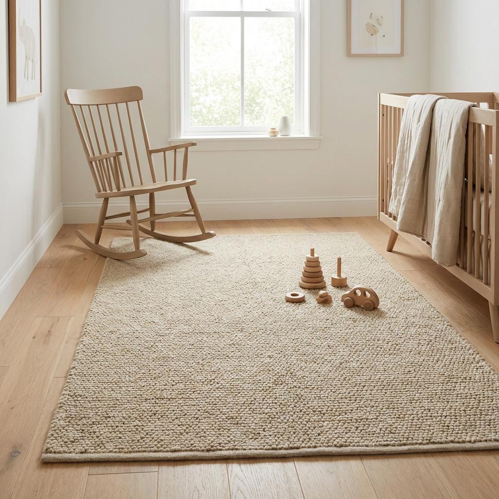 Handwoven chunky wool rug with thick loop weave in neutral beige for farmhouse and modern interiors