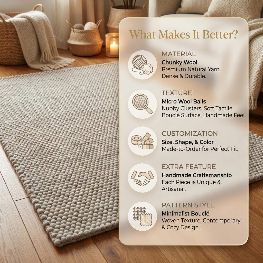 Handwoven chunky wool rug in neutral gray with thick texture, ideal for Scandinavian and farmhouse decor