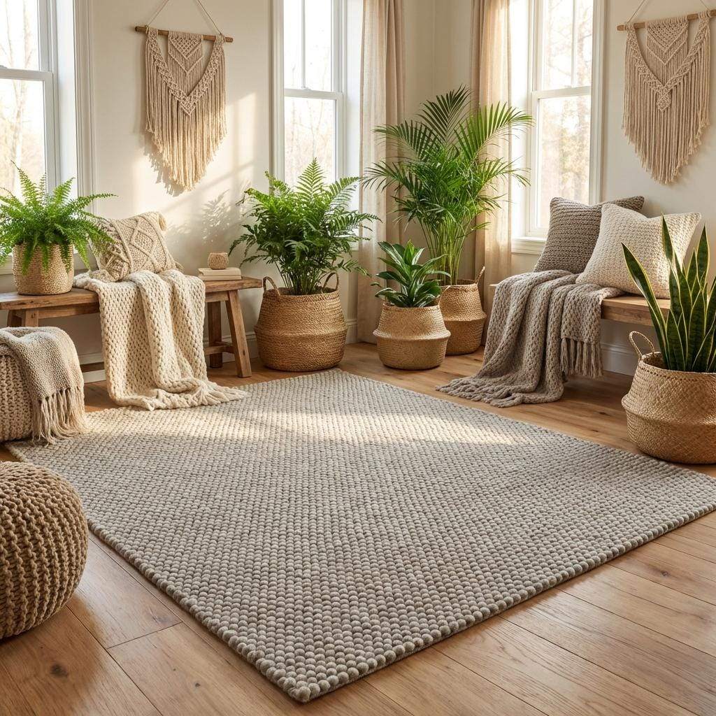 Handwoven chunky wool rug in neutral gray with thick weave for Scandinavian farmhouse decor