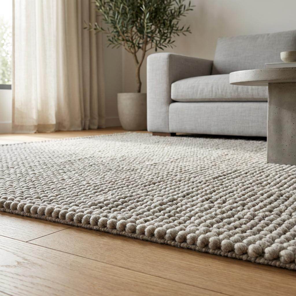 Handwoven chunky wool rug in neutral gray with thick texture for Scandinavian farmhouse decor