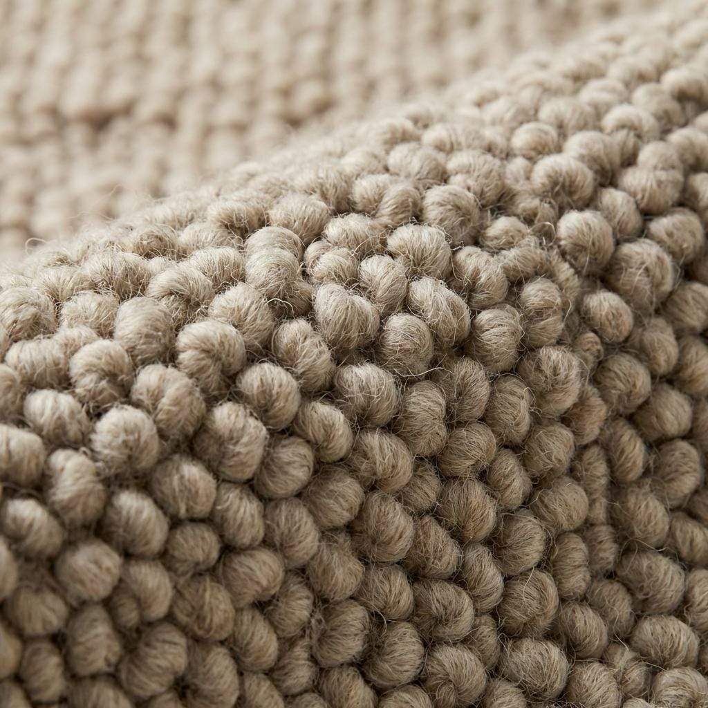 Handwoven chunky wool rug with neutral loop pile in farmhouse style interior setting