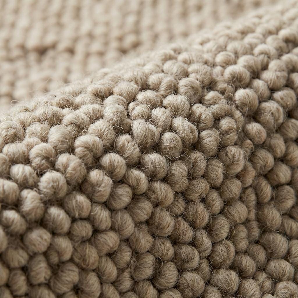 Handwoven chunky wool rug with neutral loop pile in farmhouse style interior setting