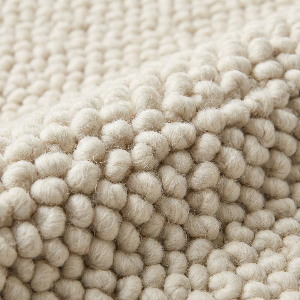 Handwoven chunky wool rug in neutral cream, showcasing thick texture and Scandinavian minimalist design