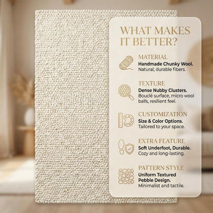 Handwoven chunky wool rug in neutral cream with thick, cozy texture for Scandinavian and modern décor