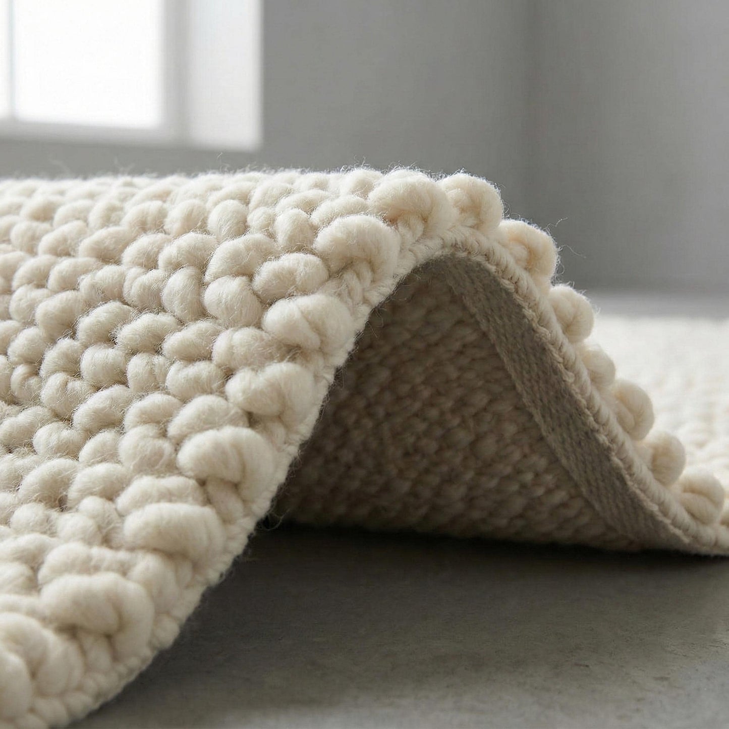 Handwoven chunky wool rug in neutral cream with thick, cozy texture for Scandinavian and modern decor