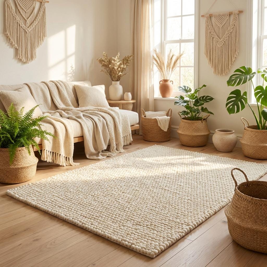 Handwoven chunky wool rug in neutral cream with thick, cozy texture for Scandinavian decor