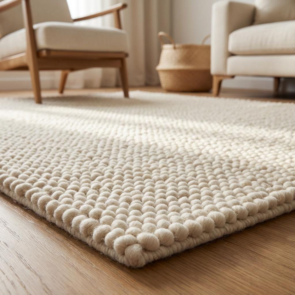 Handwoven chunky wool rug in neutral cream with thick, cozy texture for Scandinavian decor