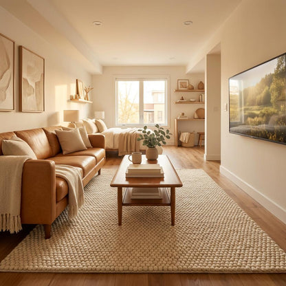 Handwoven chunky wool rug in neutral cream with thick, cozy texture for Scandinavian decor