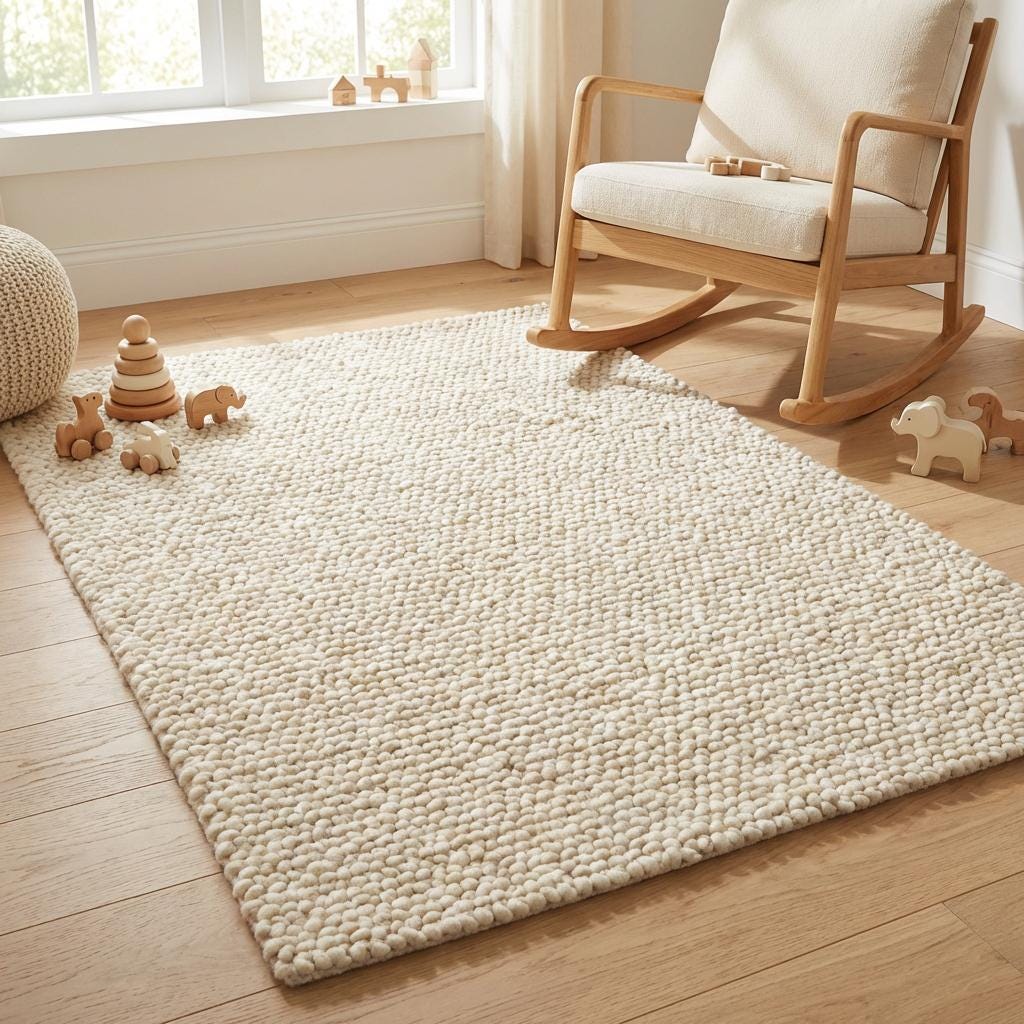 Handwoven chunky wool rug in neutral cream for Scandinavian decor with thick, cozy texture
