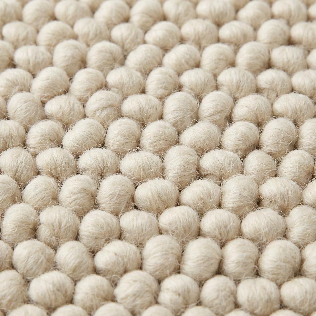 Handwoven chunky wool rug in neutral cream with thick cozy texture for Scandinavian decor