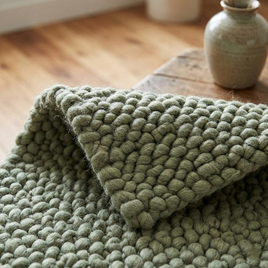 Handwoven chunky wool rug in sage green with thick textured weave for cozy Scandinavian decor