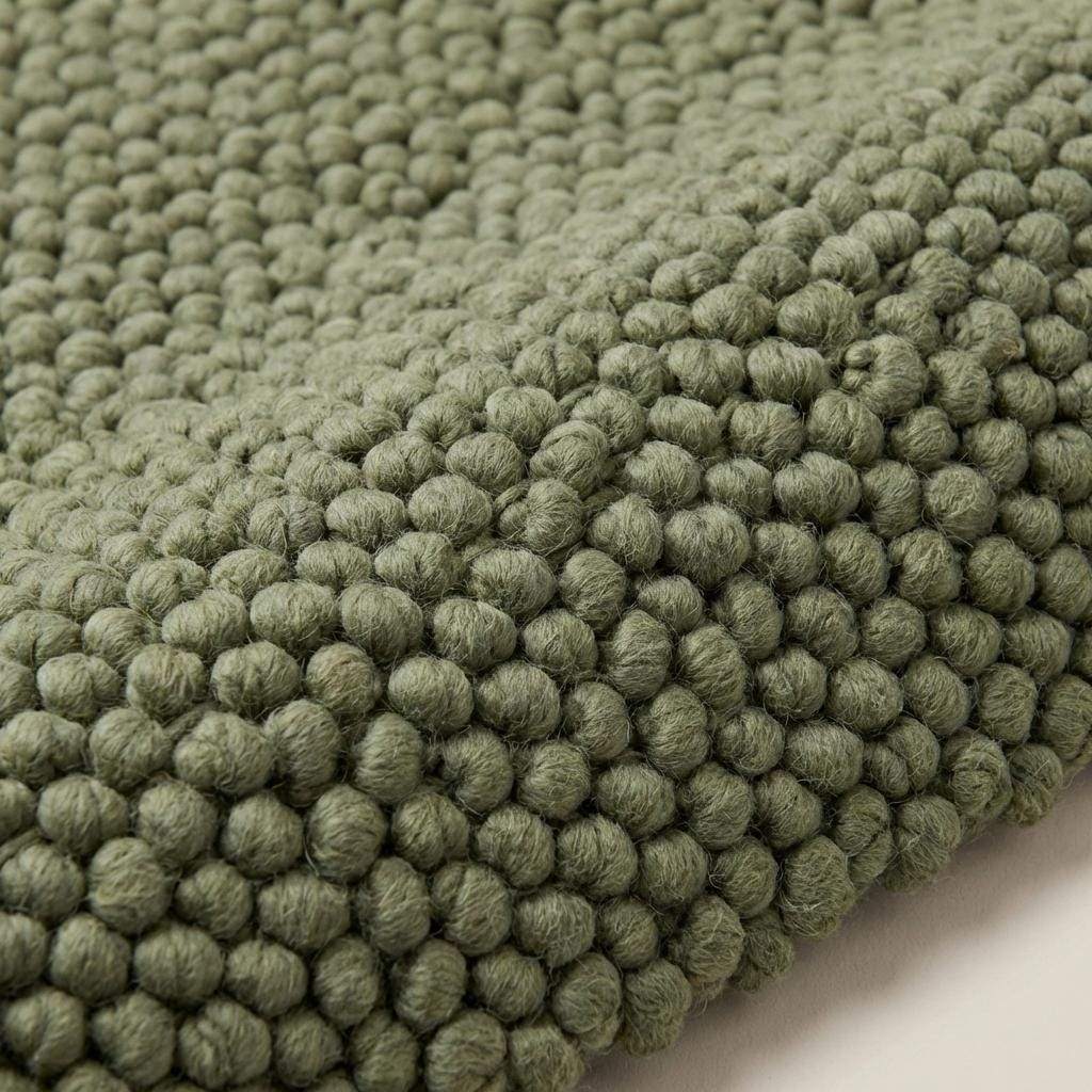 Handwoven chunky wool rug in sage green with thick textured weave for Scandinavian and minimalist decor