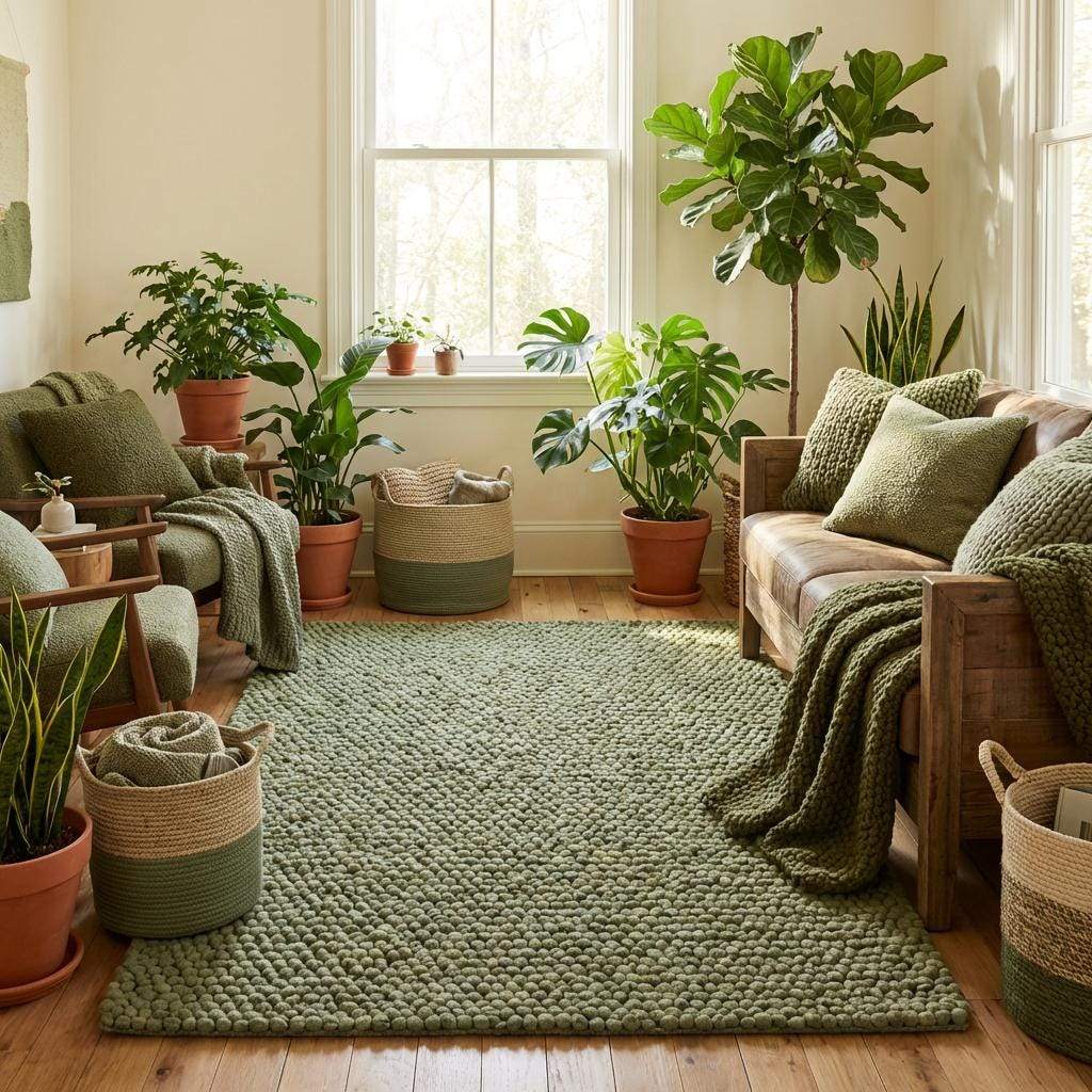 Handwoven chunky wool rug in sage green with thick texture for cozy Scandinavian decor