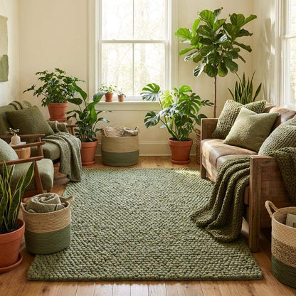 Handwoven chunky wool rug in sage green with thick texture for cozy Scandinavian decor