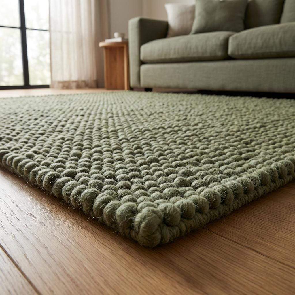 Handwoven chunky wool rug in sage green with thick textured weave for Scandinavian decor