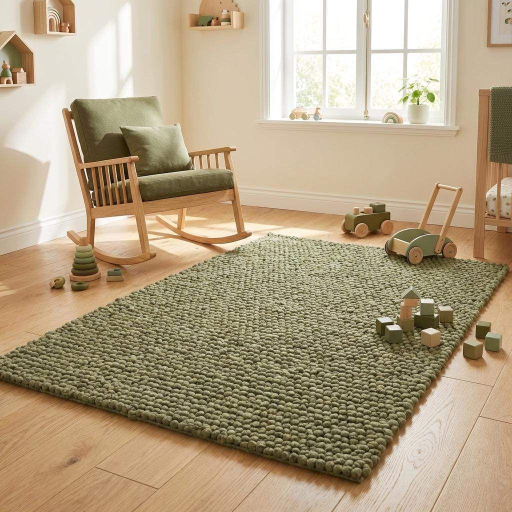 Handwoven chunky wool rug in sage green with thick textured weave for cozy Scandinavian decor