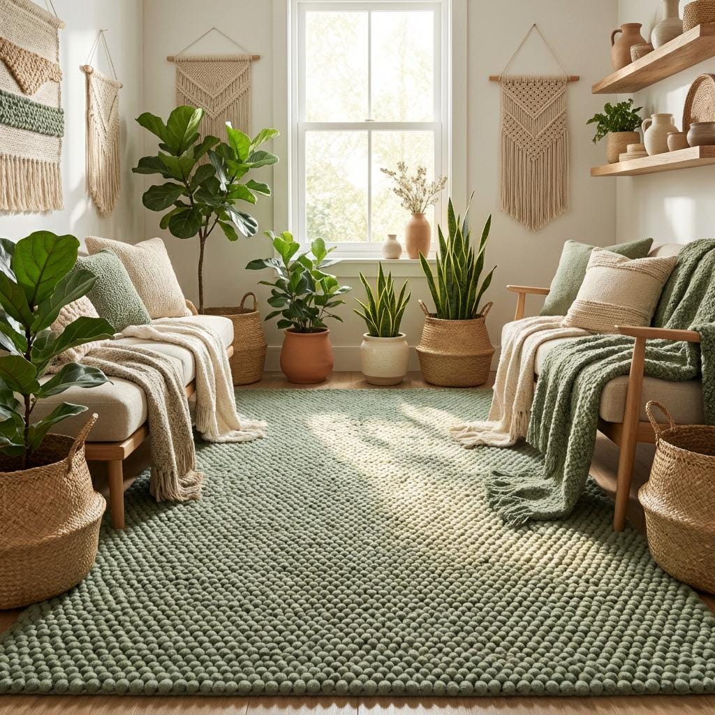 Handwoven chunky wool rug with thick texture and neutral tones in a Scandinavian-style living room