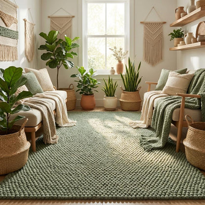 Handwoven chunky wool rug with thick texture and neutral tones in a Scandinavian-style living room