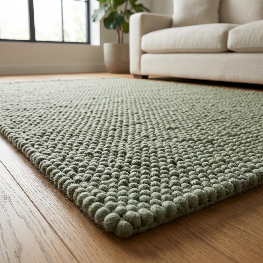 Handwoven chunky wool rug in neutral tones for Scandinavian home decor with thick texture and cozy design
