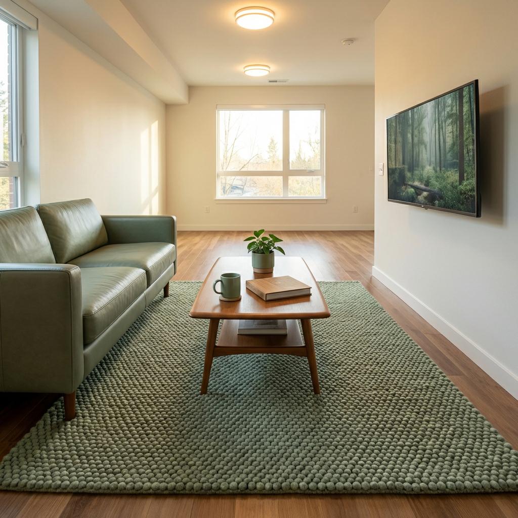 Handwoven chunky wool rug in neutral tones, adding cozy texture to Scandinavian home decor