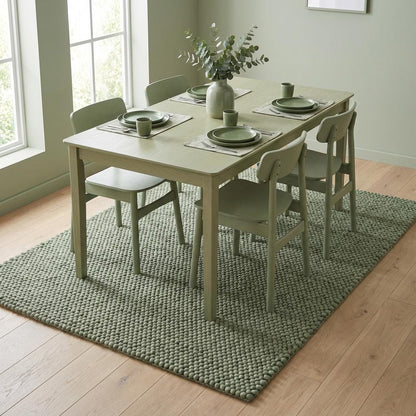 Handwoven chunky wool rug with thick knit texture in neutral tones, ideal for Scandinavian home decor