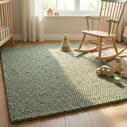 Handwoven chunky wool rug with thick texture in neutral tones for Scandinavian home decor