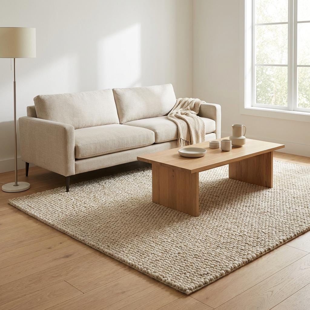 Handwoven chunky wool rug with textured neutral Scandinavian design in cream-beige tones