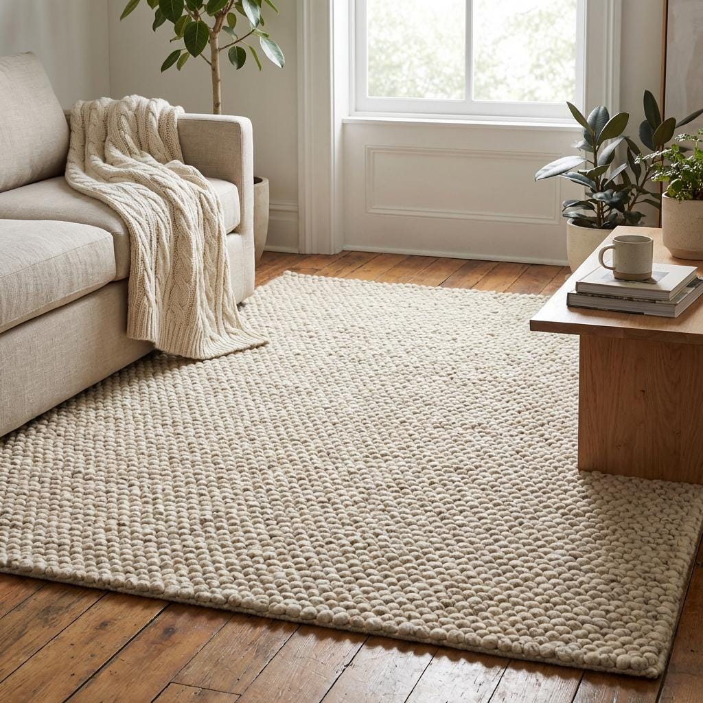 Handwoven chunky wool rug with textured neutral Scandinavian design in a cozy living room setting