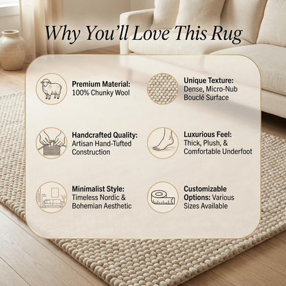 Handwoven chunky wool rug with textured neutral Scandinavian design in cream-beige tones