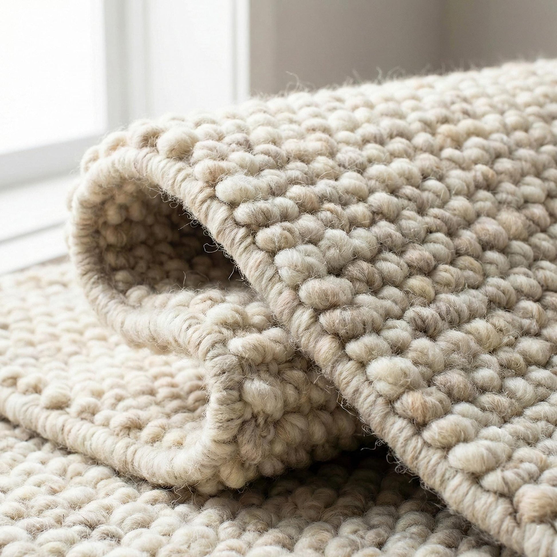 Handwoven chunky wool rug with textured neutral Scandinavian design in cream-beige tones