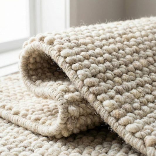 Handwoven chunky wool rug with textured neutral Scandinavian design in cream-beige tones