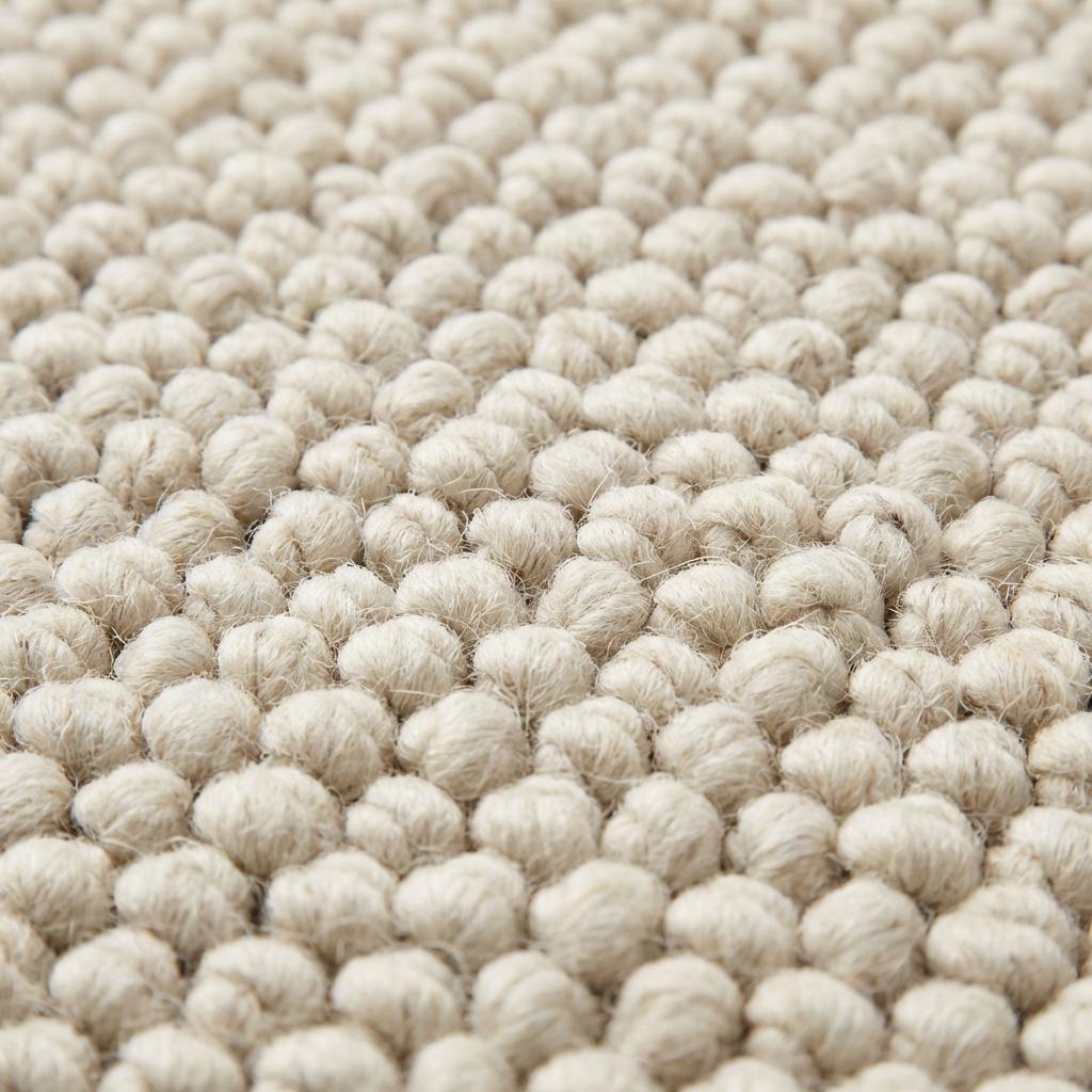 Handwoven chunky wool rug with textured loops in neutral cream tones for Scandinavian decor