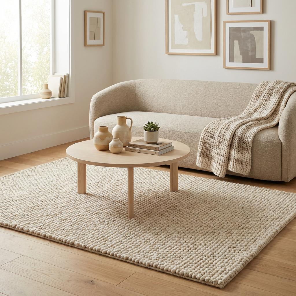 Handwoven chunky wool rug with textured neutral Scandinavian design